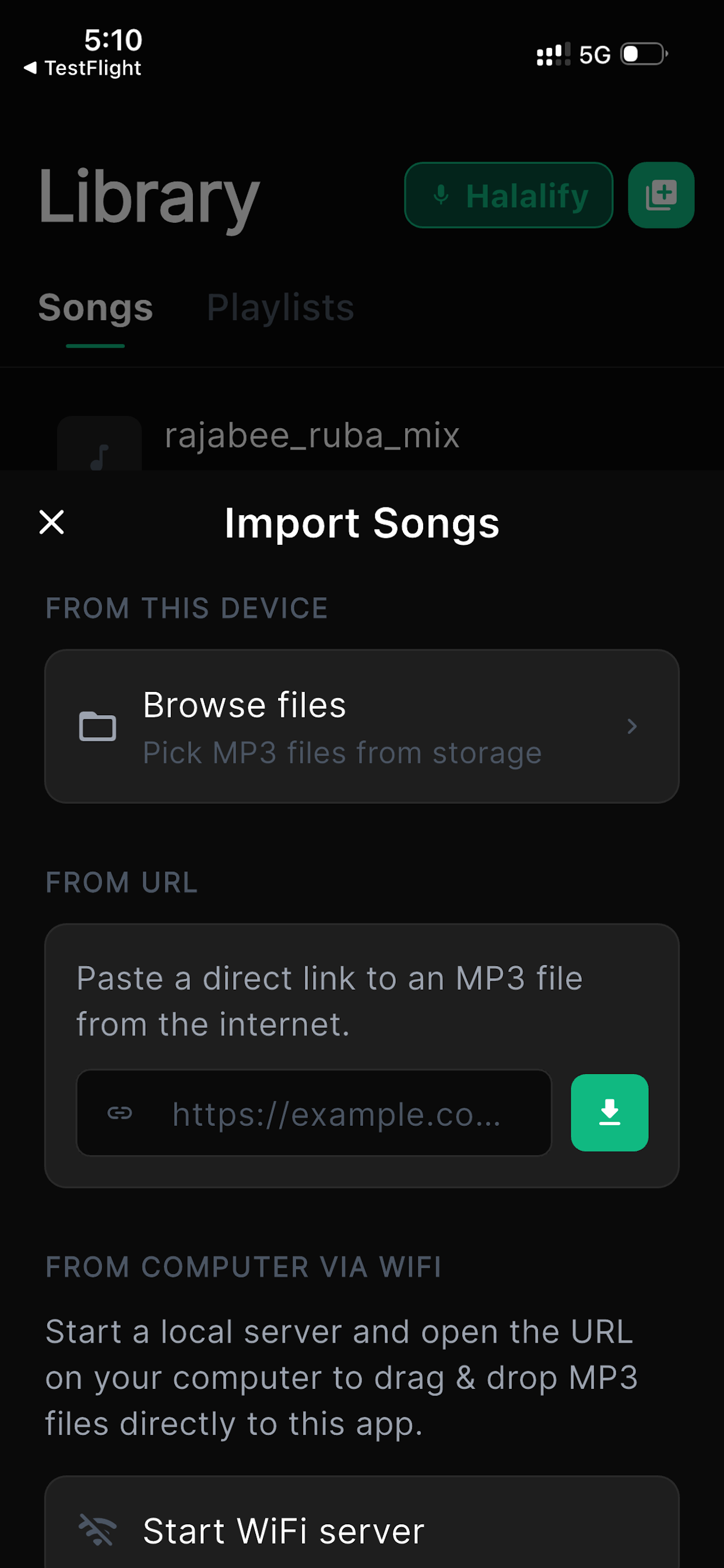 Import songs screen